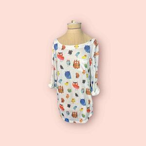 D.N.A. Couture Graphic White  Colorful Owl Print 3/4 Sleeve Tunic NWT Size Large